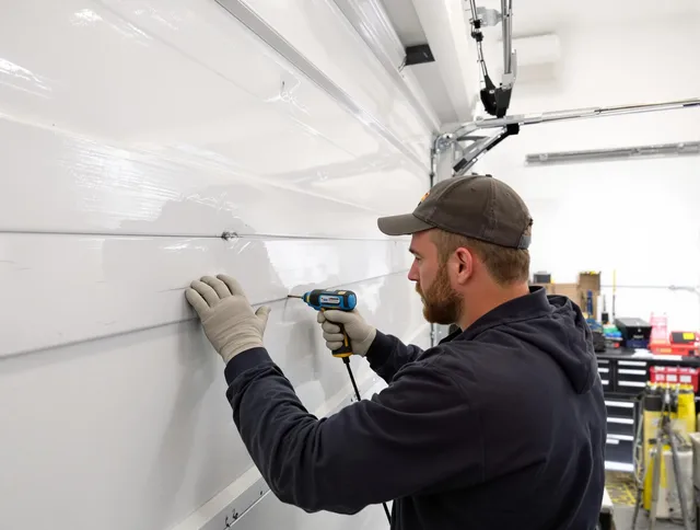 Bellingham Garage Door Repair technician demonstrating precision dent removal techniques on a Bellingham garage door